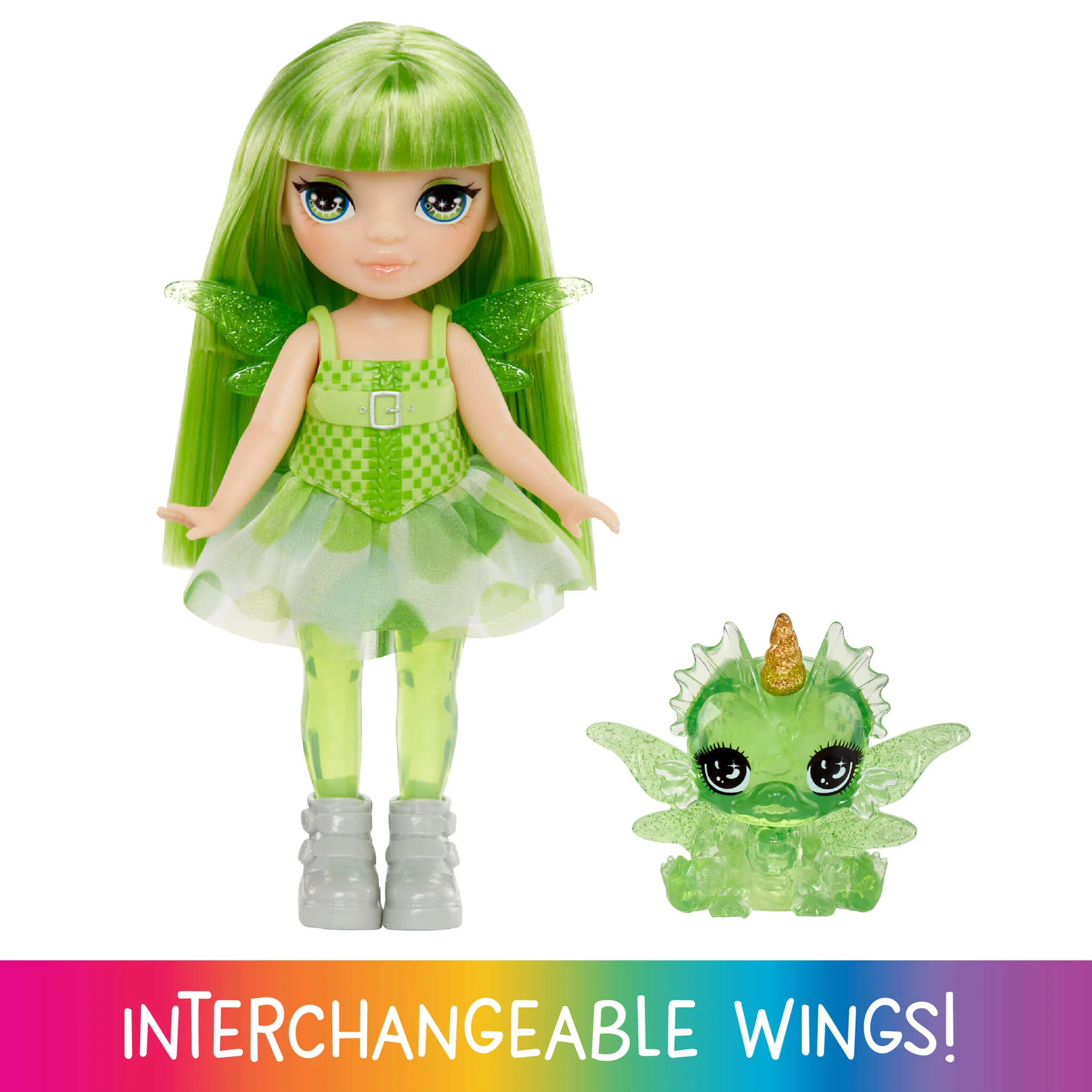 Rainbow High Littles Rainbow Fantasy Fairies with Pet – Emerald, Green 5.5" Small Doll & Fantasy Dragon Pet - Image 2