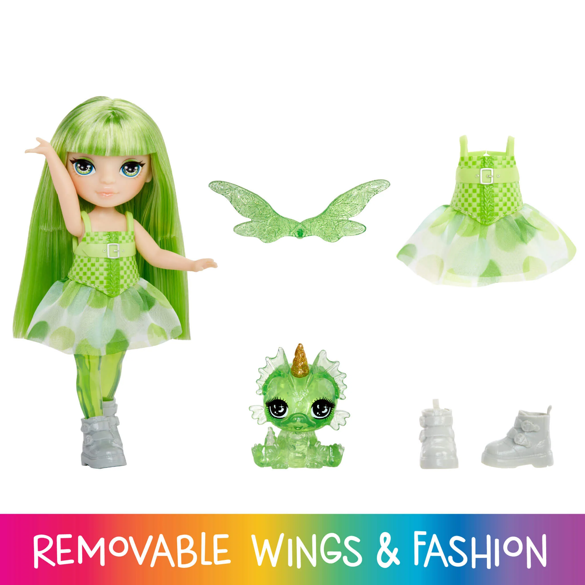 Rainbow High Littles Rainbow Fantasy Fairies with Pet – Emerald, Green 5.5" Small Doll & Fantasy Dragon Pet - Image 3